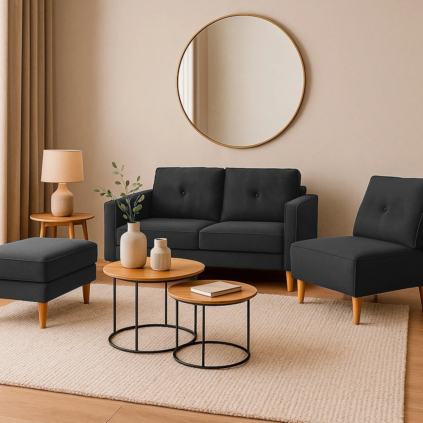 Set de sala multifuncional compuesto por poltrona, sofá dos puestos y puff, tapizados en tela color gris, patas cónicas de madera en tono natural, ubicado en sala moderna minimalista, ambientado con mesa auxiliar, Ideal para hogares colombianos que buscan confort y estilo moderno - All Star muebles