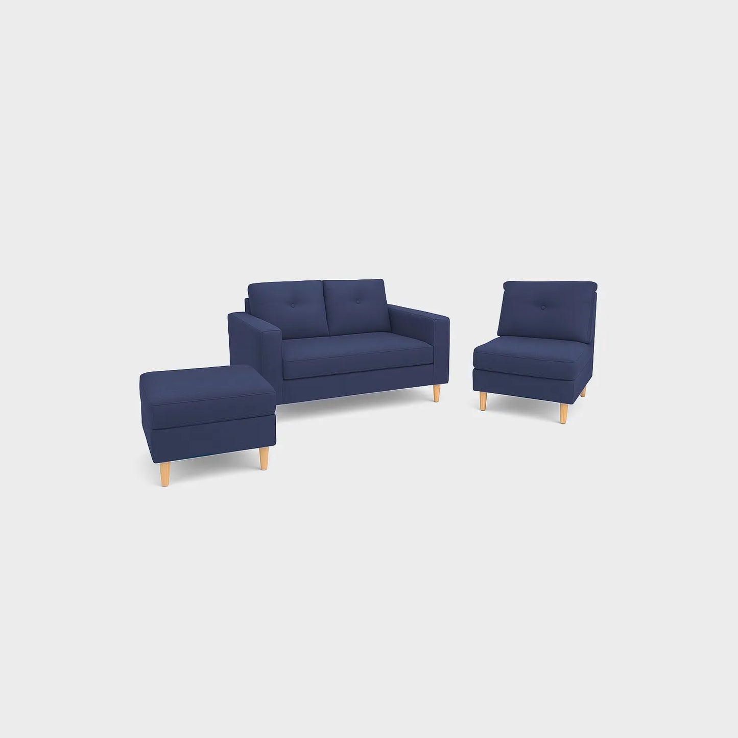 Sala modular multifuncional 4 puestos vista en perspectiva, tapizado color azul, con patas en madera color natural, fotografía sobre fondo blanco, ideal para visualizar la combinación de estilos y colores - All Star muebles
