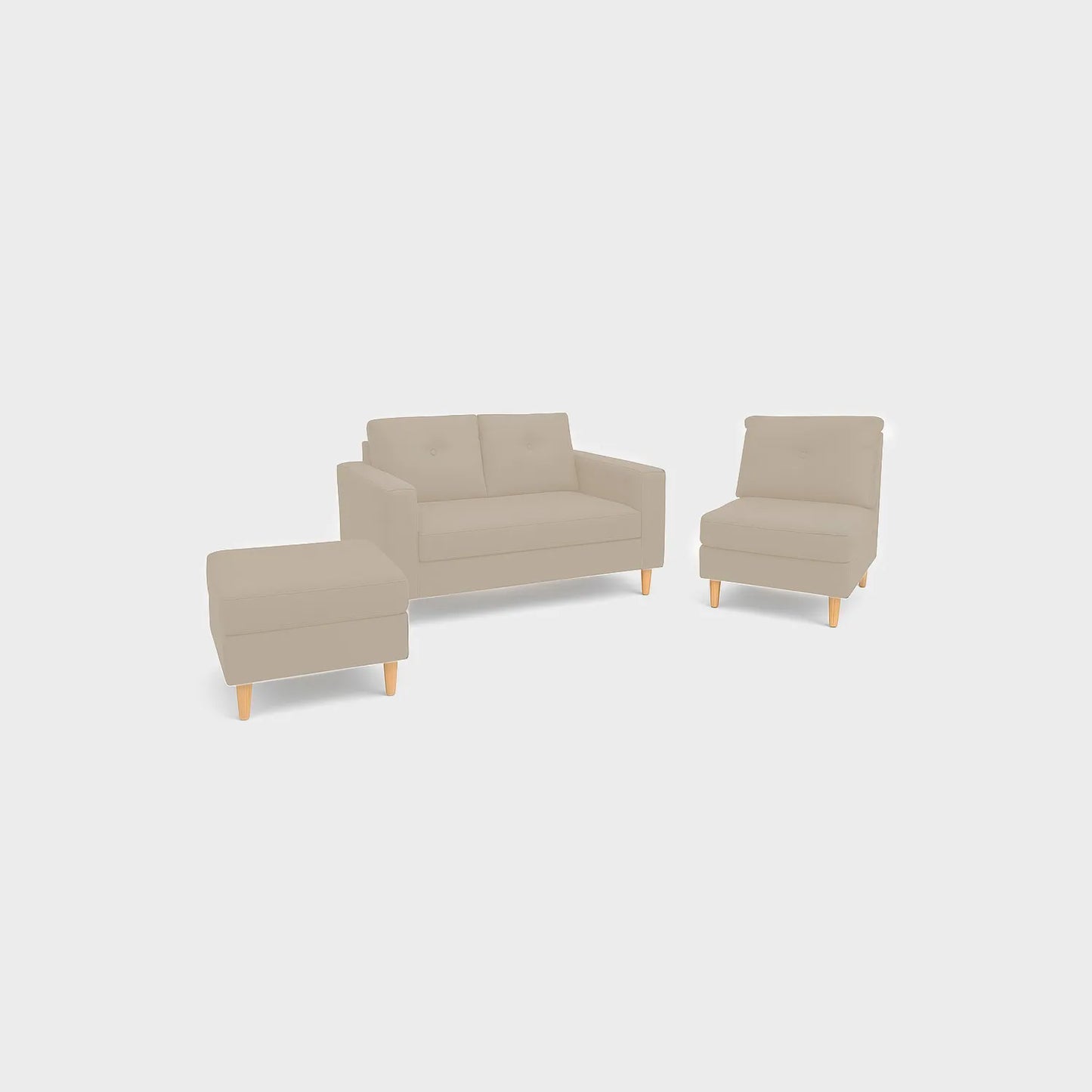 Sala modular multifuncional 4 puestos vista en perspectiva, tapizado color beige, con patas en madera color natural, fotografía sobre fondo blanco, ideal para visualizar la combinación de estilos y colores - All Star muebles