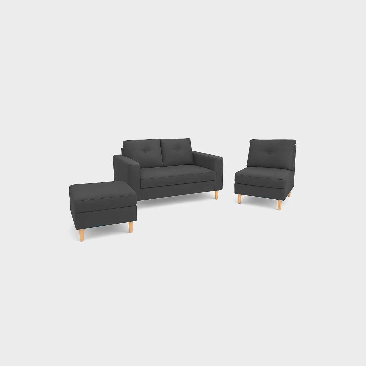 Sala modular multifuncional 4 puestos vista en perspectiva, tapizado color gris, con patas en madera color natural, fotografía sobre fondo blanco, ideal para visualizar la combinación de estilos y colores - All Star muebles