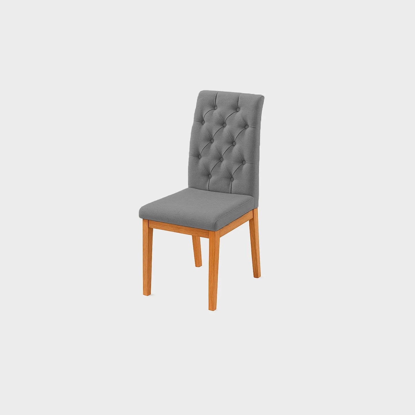 Silla de comedor Miguel Angel con bastidor en madera maciza tono natural, tapizada capitoné color gris, fotografía sobre fondo blanco, ideal para visualizar la combinación de estilos y colores - All Star muebles