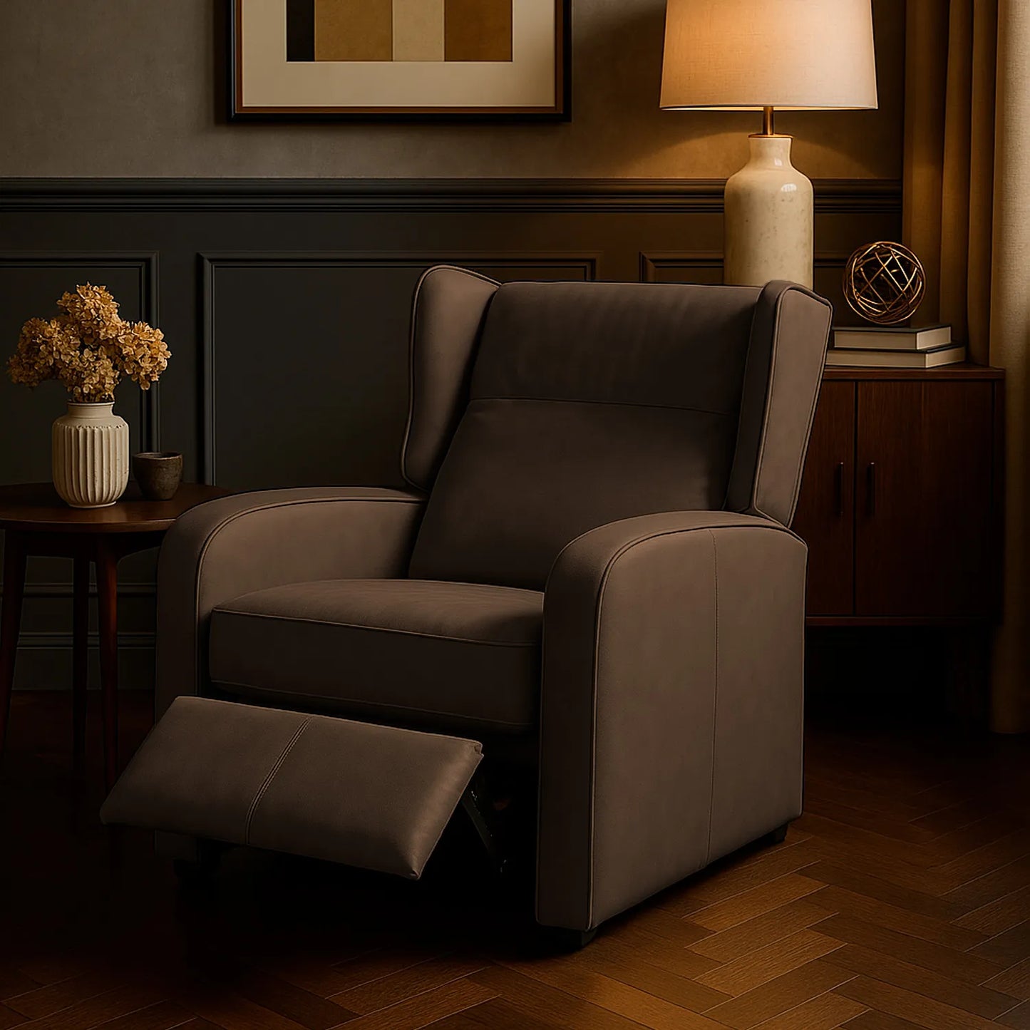 Sillón reclinable Apolo abierto en tela café con patas en plástico, ubicado en sala moderna minimalista, ambientado con mesa auxiliar, Ideal para hogares colombianos que buscan confort y estilo moderno - All Star muebles
