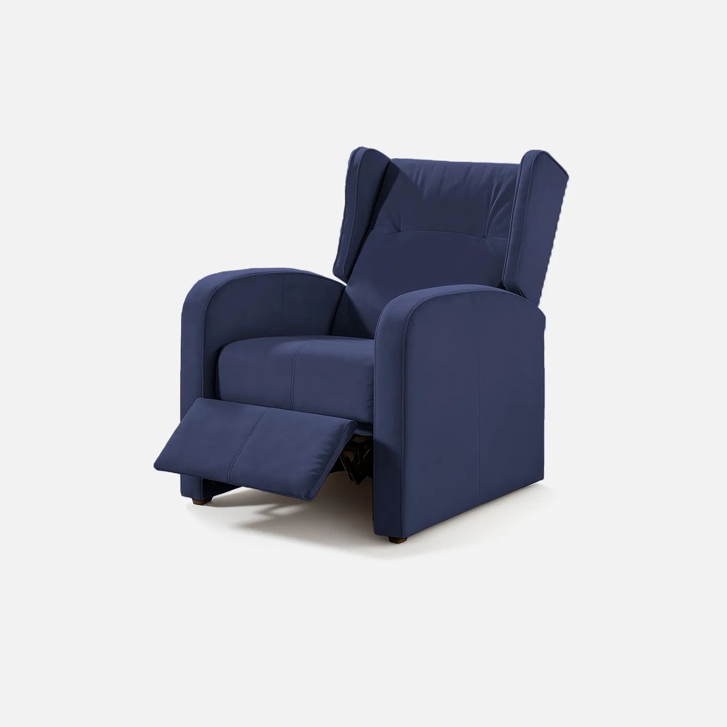 Sillón reclinable Apolo abierto visto de perspectiva, tapizado color azul, con herraje y patas metálicas, fotografía sobre fondo blanco, ideal para visualizar la combinación de estilos y colores - All Star muebles