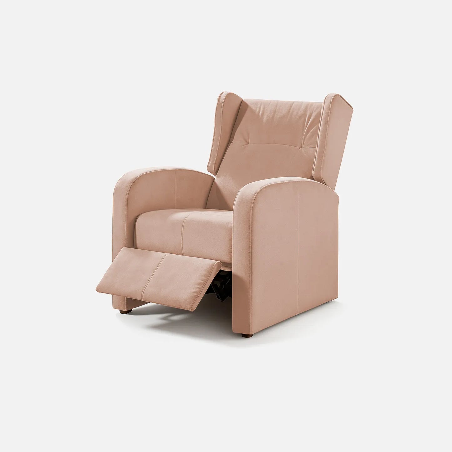Sillón reclinable Apolo abierto visto de perspectiva, tapizado color beige, con herraje y patas metálicas, fotografía sobre fondo blanco, ideal para visualizar la combinación de estilos y colores - All Star muebles