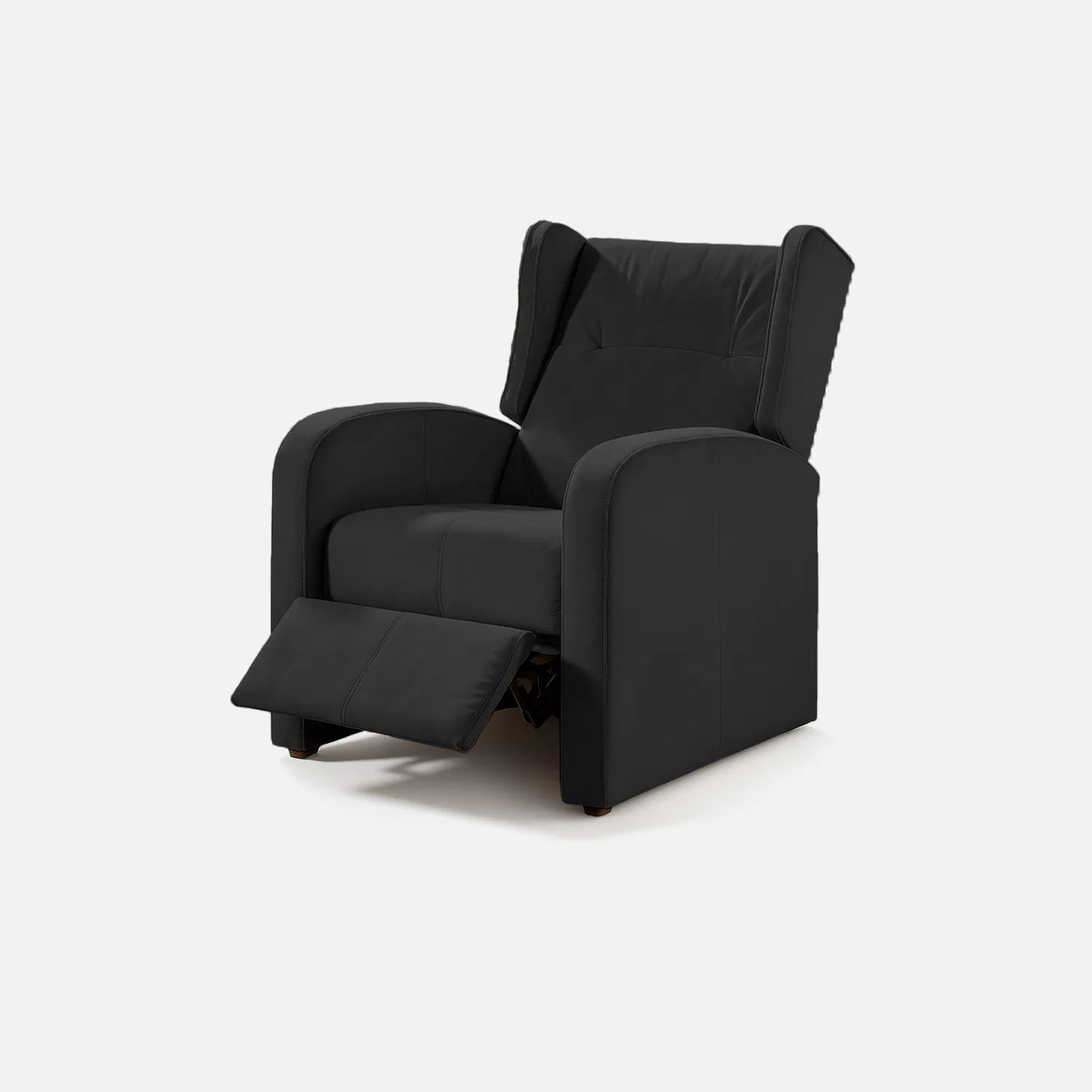 Sillón reclinable Apolo abierto visto de perspectiva, tapizado color negro, con herraje y patas metálicas, fotografía sobre fondo blanco, ideal para visualizar la combinación de estilos y colores - All Star muebles