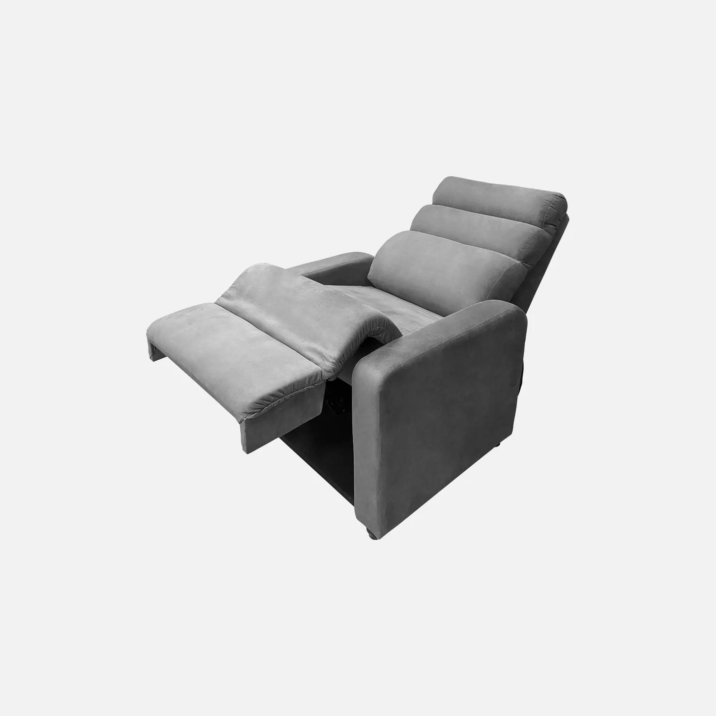 Sillón reclinable Odín visto en perspectiva reclinado, tapizado color gris, con patas metálicas, fotografía sobre fondo blanco, ideal para visualizar la combinación de estilos y colores - All Star muebles