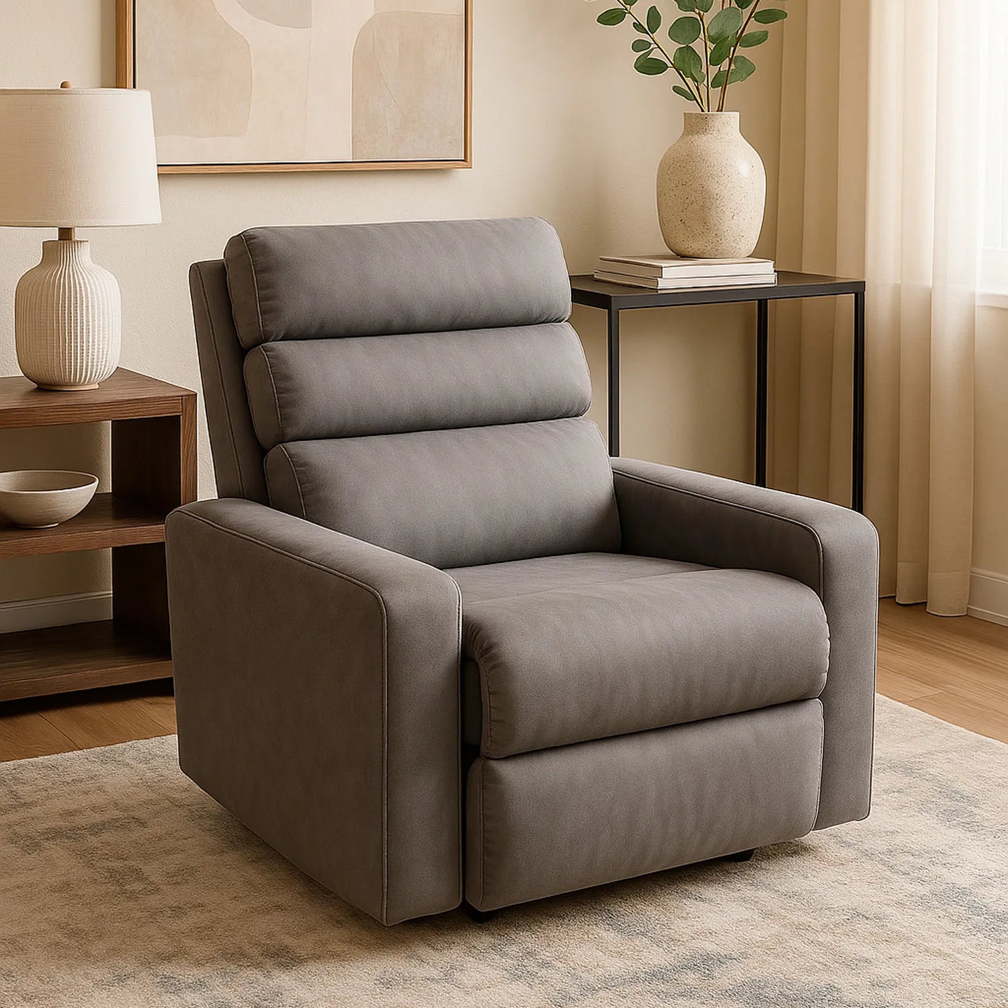 Sillón reclinable Odín en tela gris con patas en plástico, ubicado en sala moderna minimalista, ambientado con mesa auxiliar, Ideal para hogares colombianos que buscan confort y estilo moderno - All Star muebles