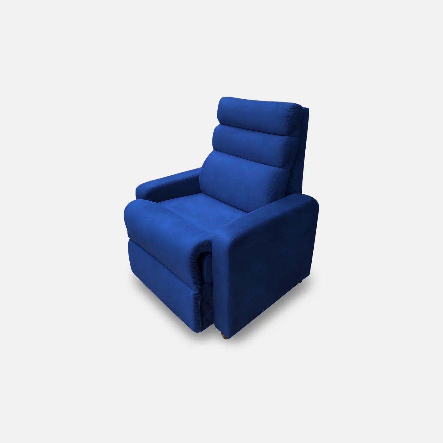 Sillón reclinable Odín visto en perspectiva, tapizado color azul, con patas metálicas, fotografía sobre fondo blanco, ideal para visualizar la combinación de estilos y colores - All Star muebles