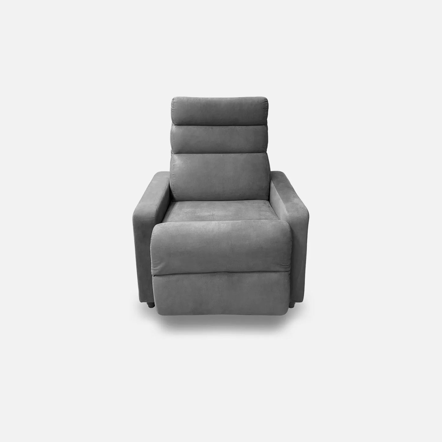 Sillón reclinable Odín visto de frente, tapizado color gris, con patas metálicas, fotografía sobre fondo blanco, ideal para visualizar la combinación de estilos y colores - All Star muebles