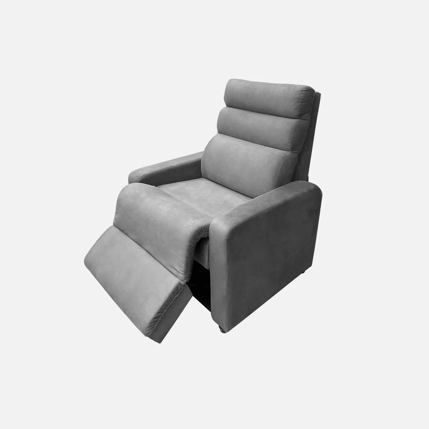 Sillón reclinable Odín abierto visto en perspectiva, tapizado color gris, con patas metálicas, fotografía sobre fondo blanco, ideal para visualizar la combinación de estilos y colores - All Star muebles