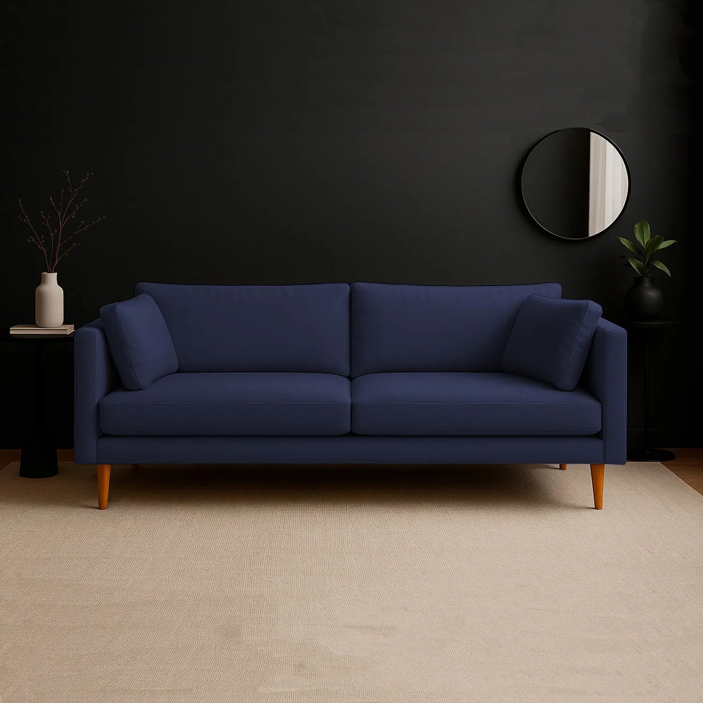 Sofá Gales 3 puestos tapizado en color azul, con patas en madera torneadas tono natural, ubicado en sala moderna minimalista, ambientado con elementos decorativos, Ideal para hogares colombianos que buscan confort y estilo moderno - All Star muebles
