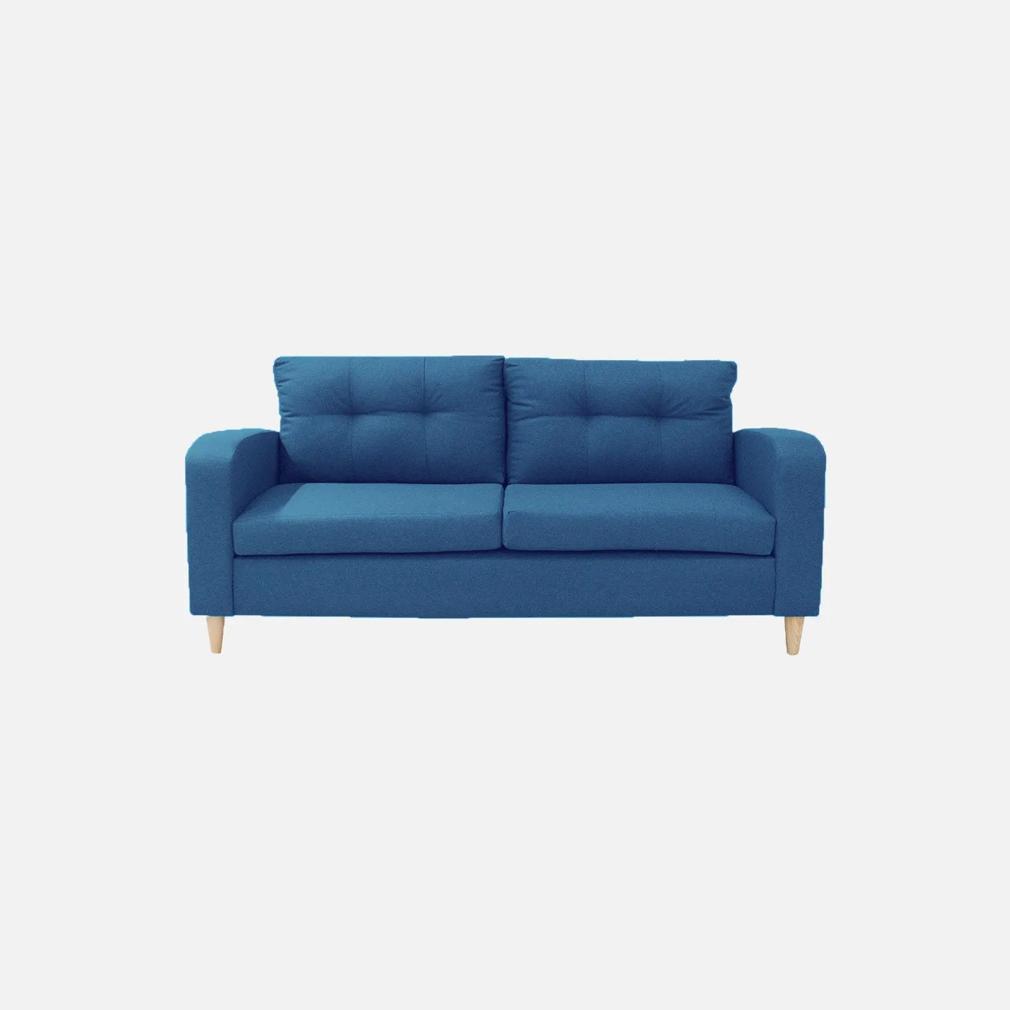 Sofá Brisa visto de frente en tela color azul con patas de madera clara y diseño moderno con tapizado capitoné, ideal para salas modernas - All Star Muebles Colombia