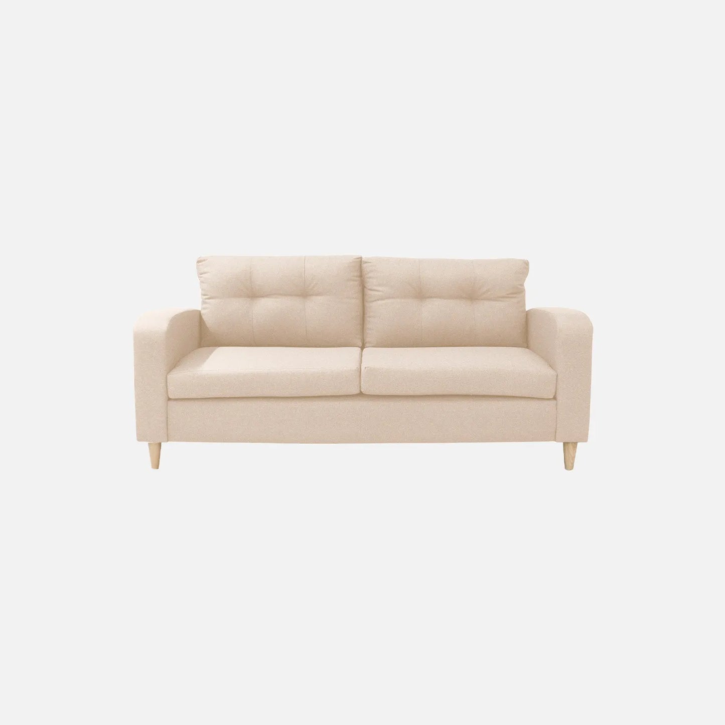 Sofá Brisa visto de frente en tela color beige con patas de madera clara y diseño moderno con tapizado capitoné, ideal para salas modernas - All Star Muebles Colombia