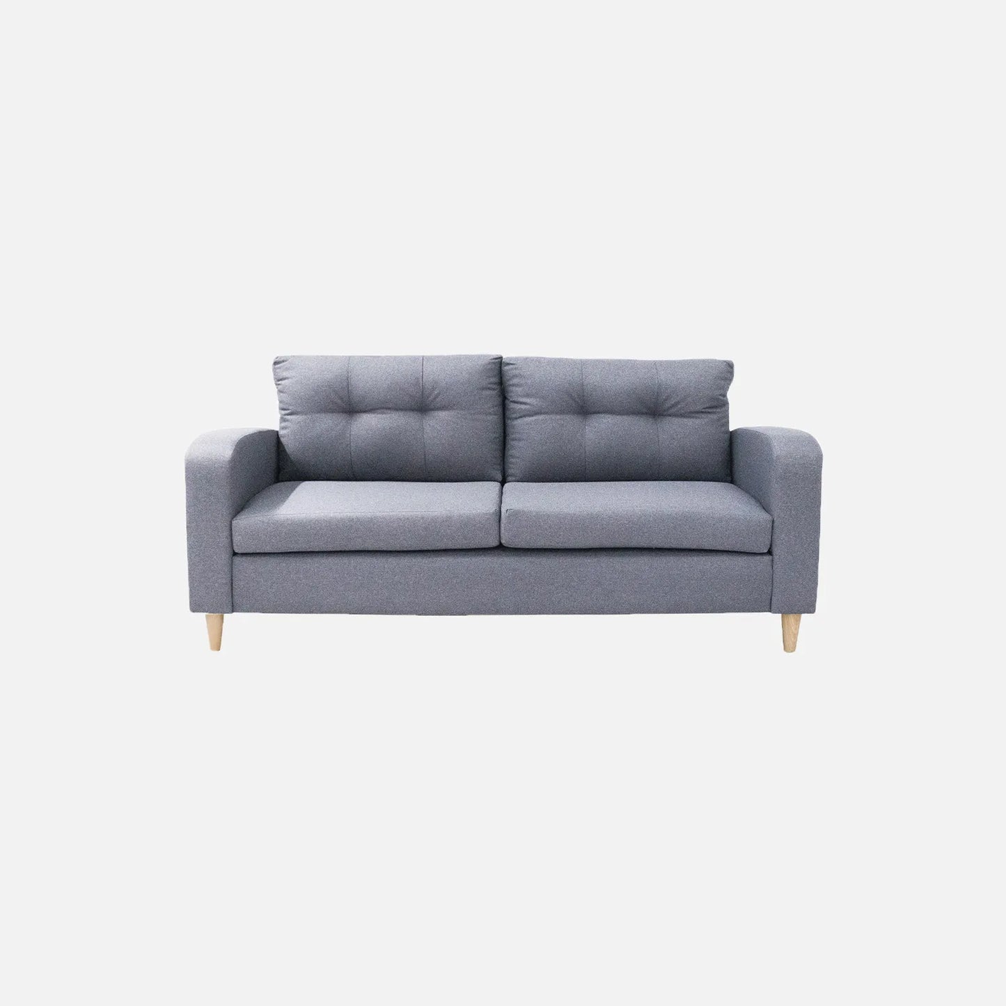Sofá Brisa visto de frente en tela color gris con patas de madera clara y diseño moderno con tapizado capitoné, ideal para salas modernas - All Star Muebles Colombia