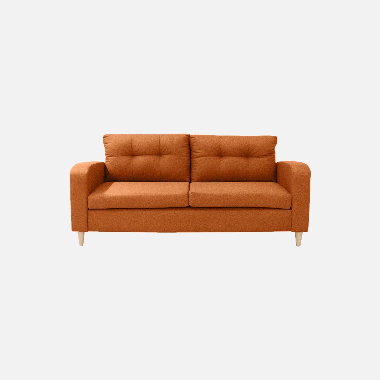 Sofá Brisa visto de frente en tela color terracota con patas de madera clara y diseño moderno con tapizado capitoné, ideal para salas modernas - All Star Muebles Colombia