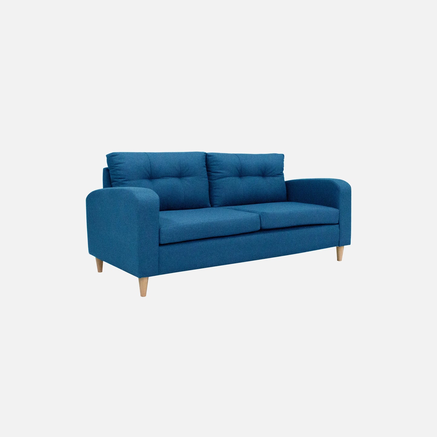 Sofá Brisa visto en perspectiva en tela color azul con patas de madera clara y diseño moderno con tapizado capitoné, ideal para salas modernas - All Star Muebles Colombia