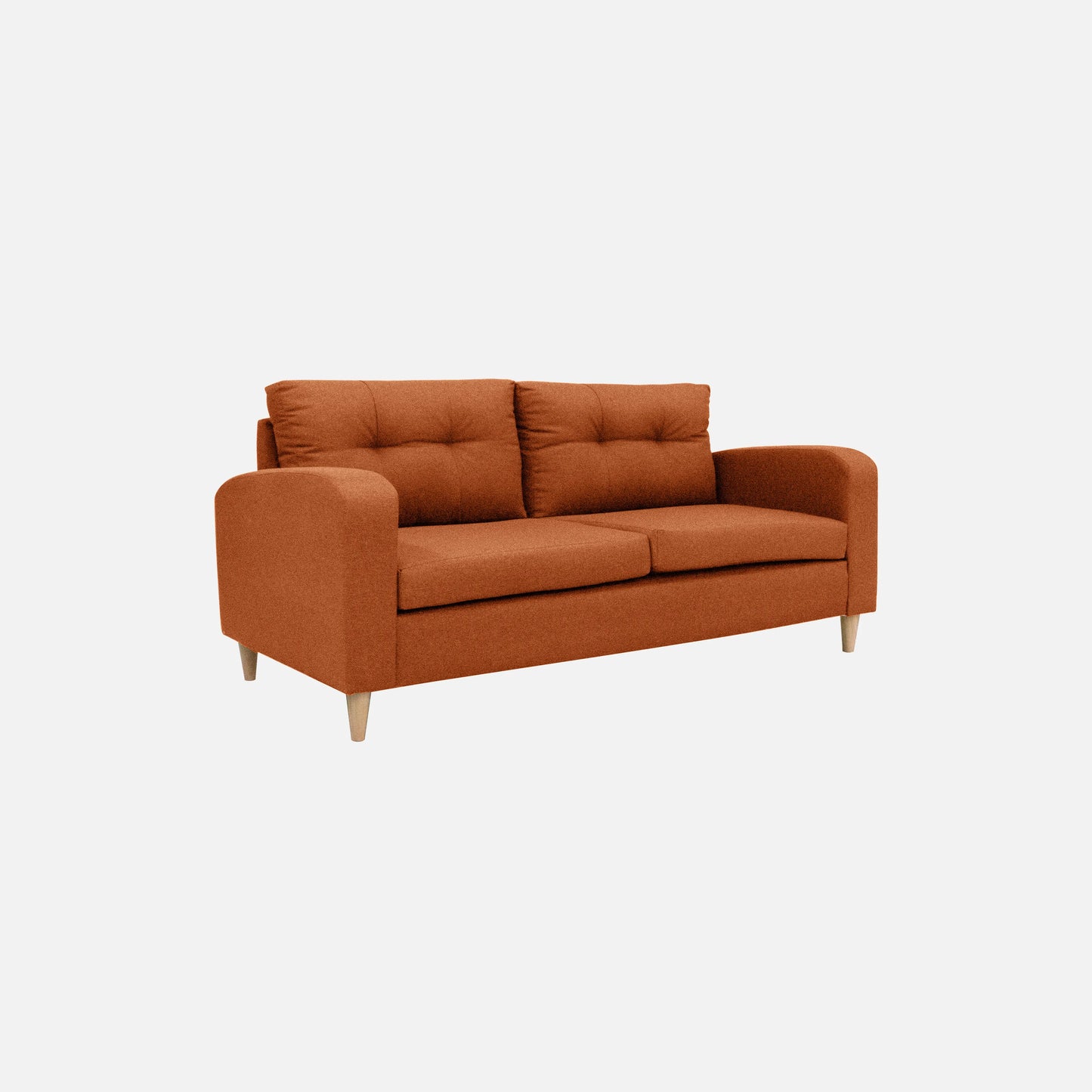 Sofá Brisa visto en perspectiva en tela color terracota con patas de madera clara y diseño moderno con tapizado capitoné, ideal para salas modernas - All Star Muebles Colombia