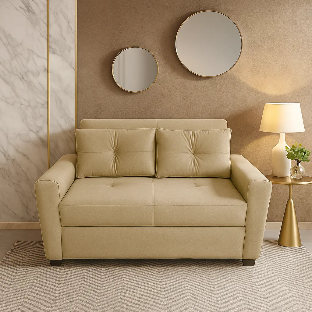 Sofá cama tipo carrito 2 puestos en tela beige con patas en madera color negro, ubicado en sala moderna con ambiente minimalista, Ideal para hogares colombianos que buscan confort y estilo moderno - All Star muebles