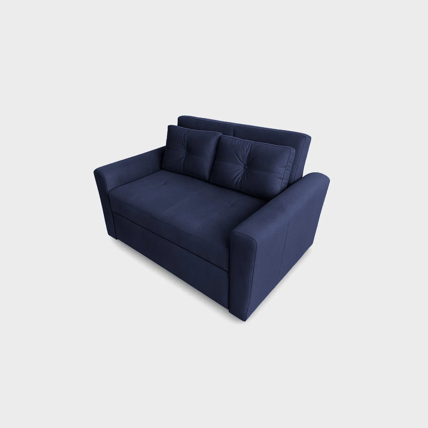 Sofá cama Bari tipo carrito visto de perspectiva, tapizado color azul, fotografía sobre fondo blanco, ideal para visualizar la combinación de estilos y colores - All Star muebles