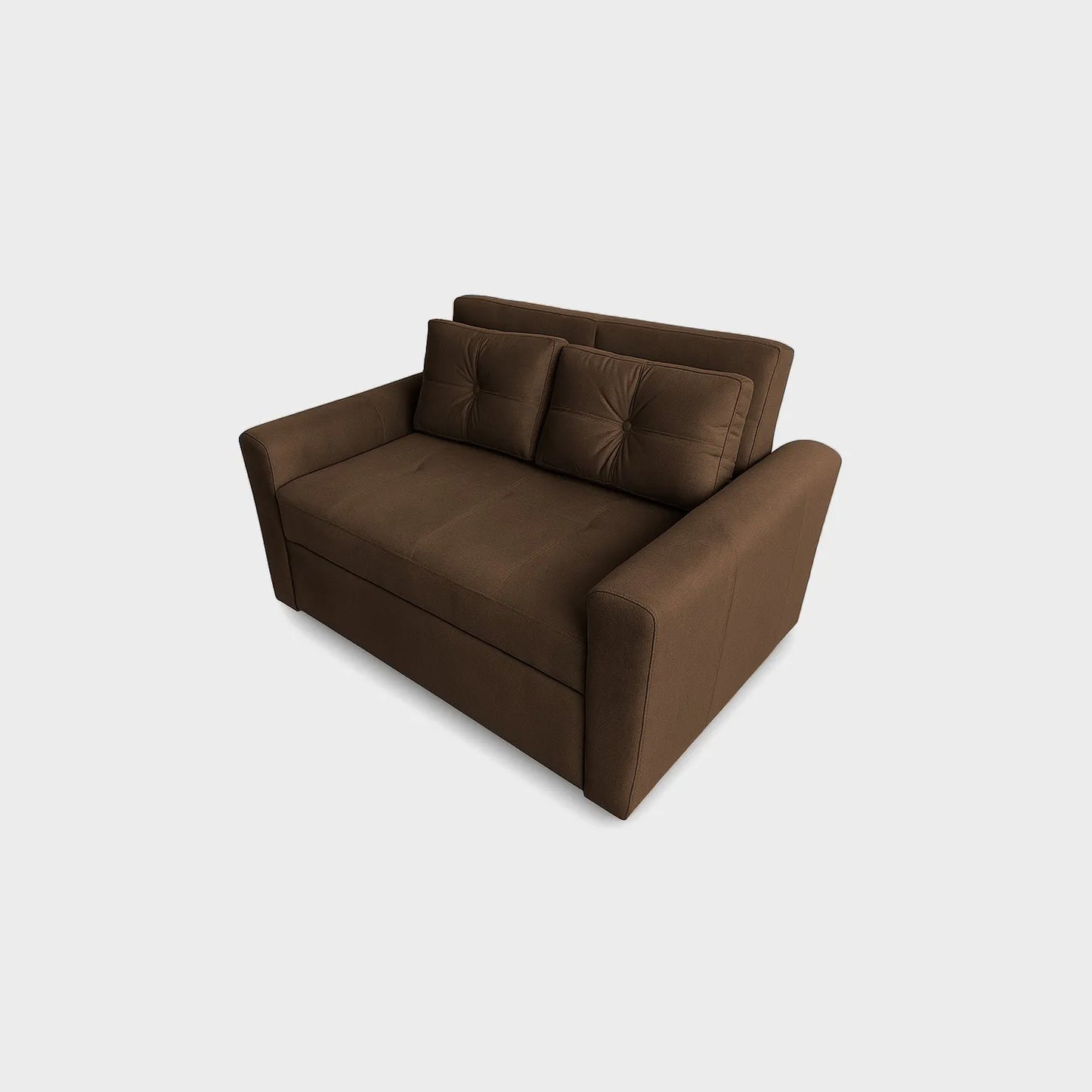 Sofá cama Bari tipo carrito visto de perspectiva, tapizado color café, fotografía sobre fondo blanco, ideal para visualizar la combinación de estilos y colores - All Star muebles