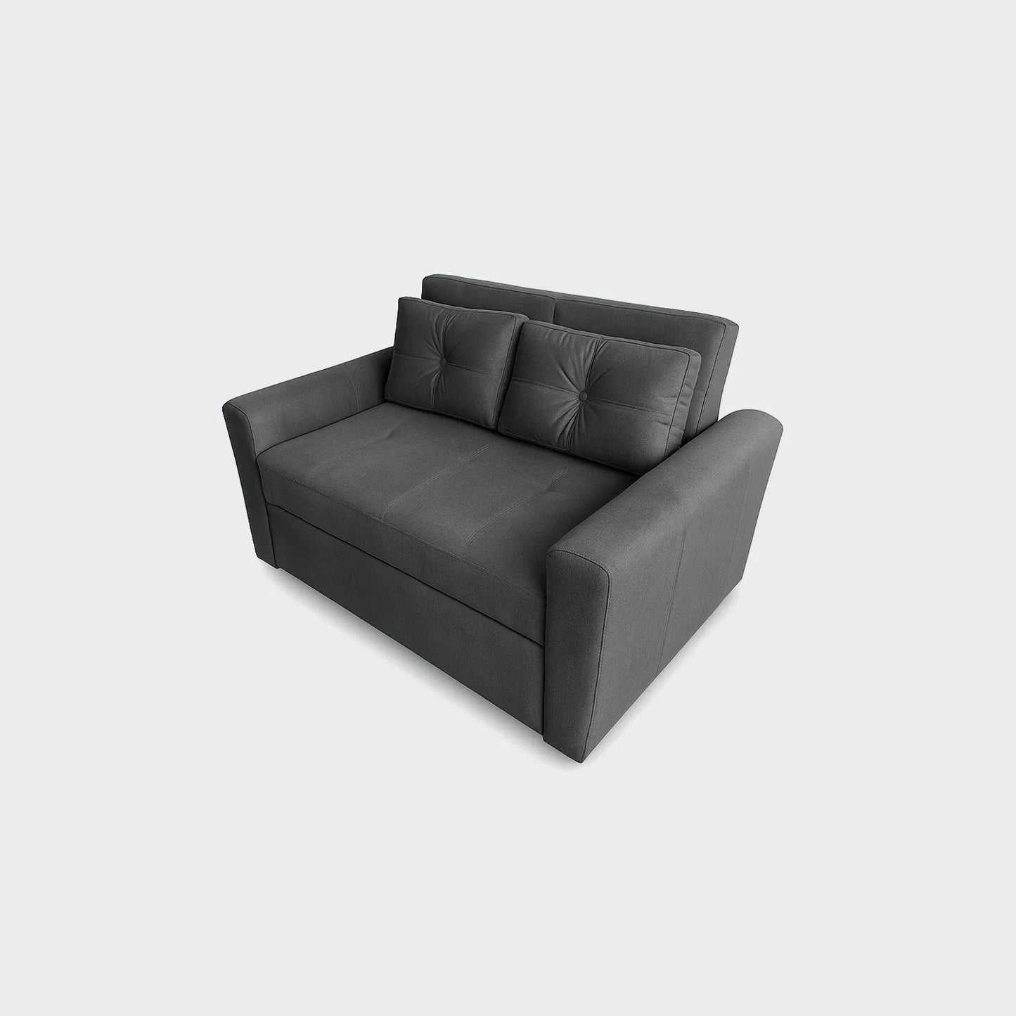 Sofá cama Bari tipo carrito visto de perspectiva, tapizado color gris, fotografía sobre fondo blanco, ideal para visualizar la combinación de estilos y colores - All Star muebles