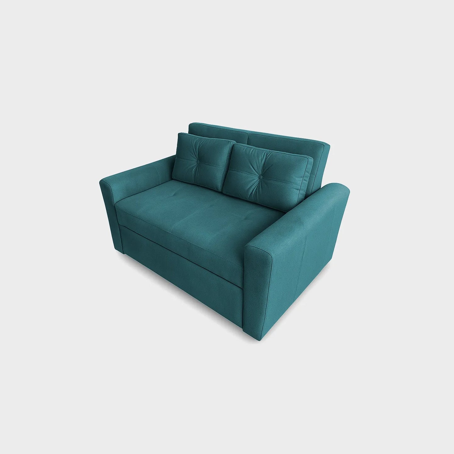 Sofá cama Bari tipo carrito visto de perspectiva, tapizado color turquesa, fotografía sobre fondo blanco, ideal para visualizar la combinación de estilos y colores - All Star muebles