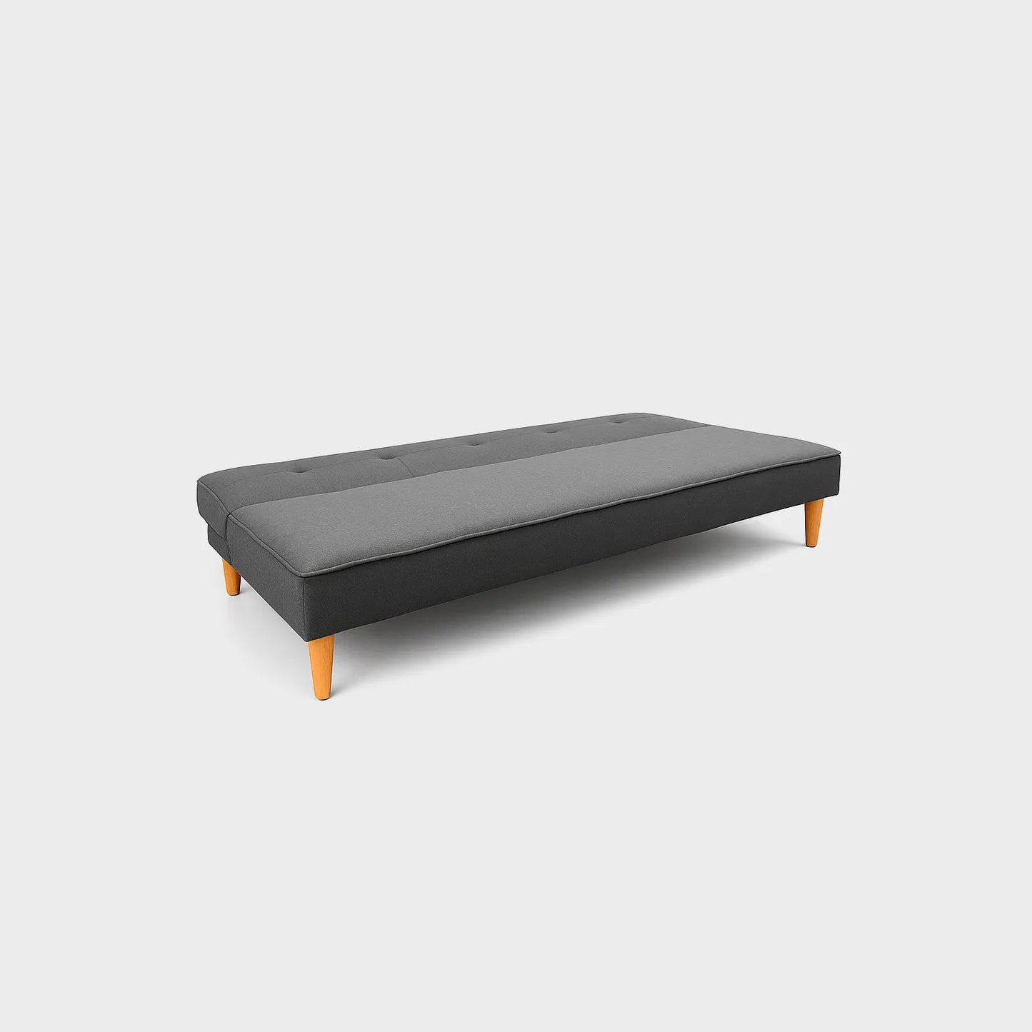 Sofá cama Chic tipo clic clac visto en perspectiva modo cama, tapizado color gris, con patas en madera torneada tono natural, fotografía sobre fondo blanco, ideal para visualizar la combinación de estilos y colores - All Star muebles