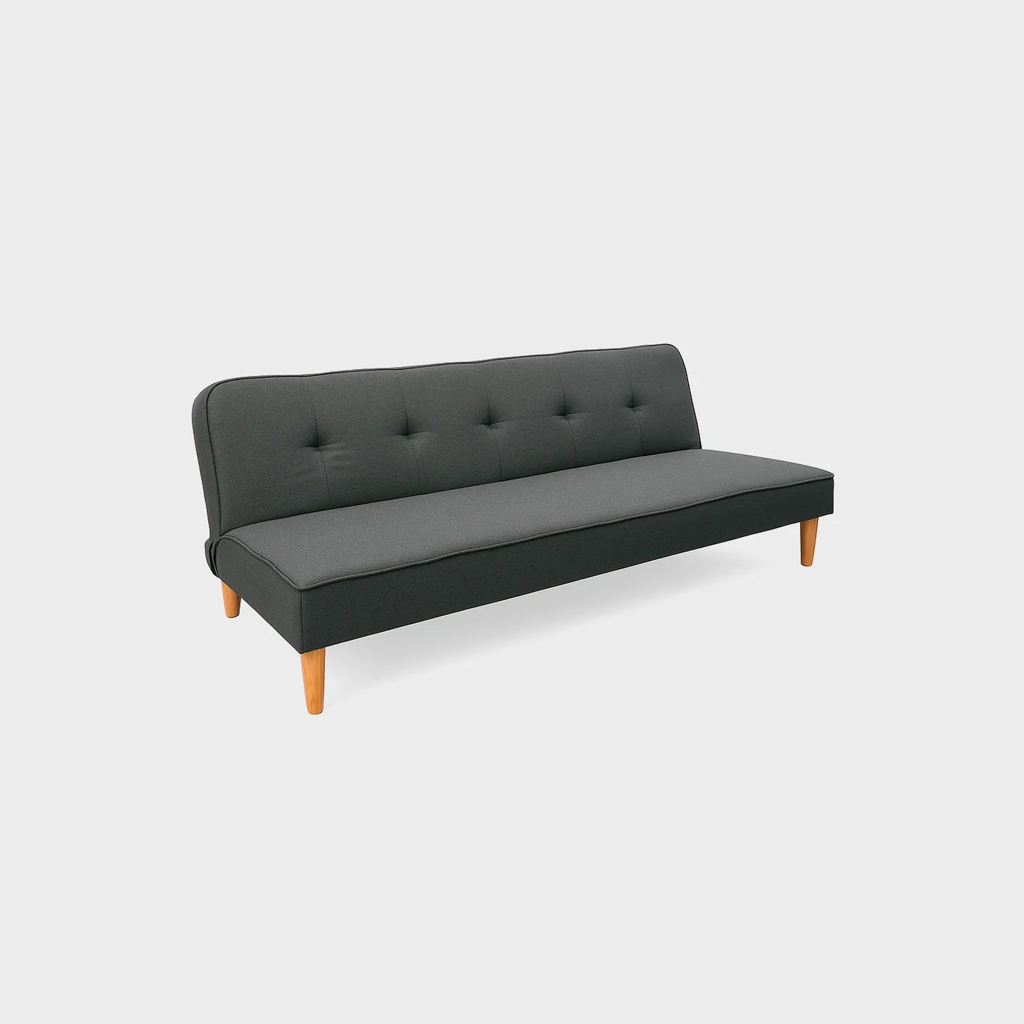 Sofá cama Chic tipo clic clac visto en perspectiva, tapizado color gris, con patas en madera torneada tono natural, fotografía sobre fondo blanco, ideal para visualizar la combinación de estilos y colores - All Star muebles