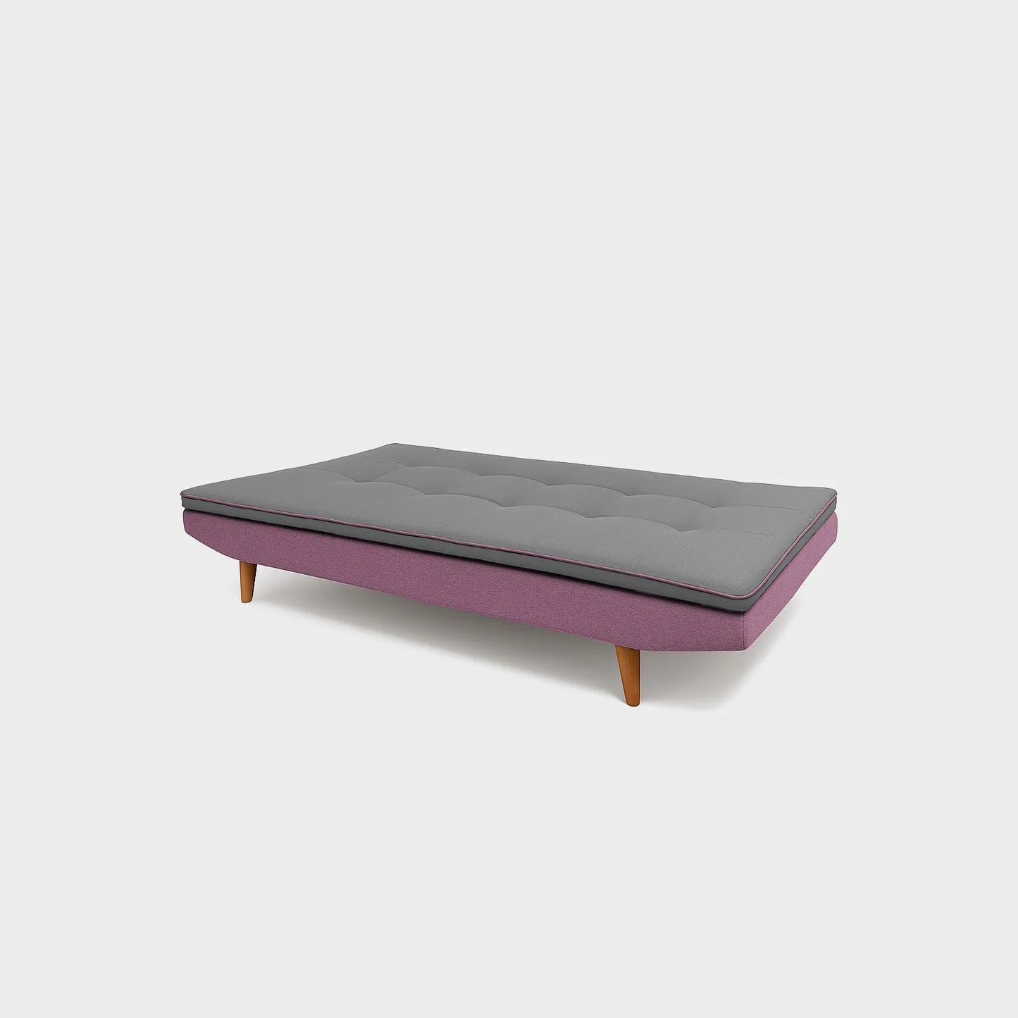 Sofá cama San Telmo tipo clic clac visto en perspectiva modo cama, tapizado color rosa y gris, con patas en madera torneada tono natural, fotografía sobre fondo blanco, ideal para visualizar la combinación de estilos y colores - All Star muebles