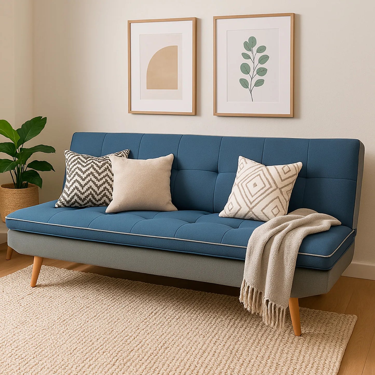 Sofá cama San Telmo tipo clic clac tapizado en color azul y gris, con patas en madera torneadas tono natural, ubicado en sala moderna minimalista, ambientado con elementos decorativos, Ideal para hogares colombianos que buscan confort y estilo moderno - All Star muebles