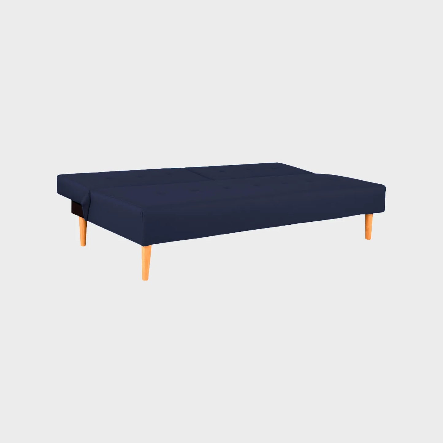 Sofá cama Trevor tipo clic clac visto en perspectiva modo cama, tapizado color azul, con patas en madera torneada tono natural, fotografía sobre fondo blanco, ideal para visualizar la combinación de estilos y colores - All Star muebles