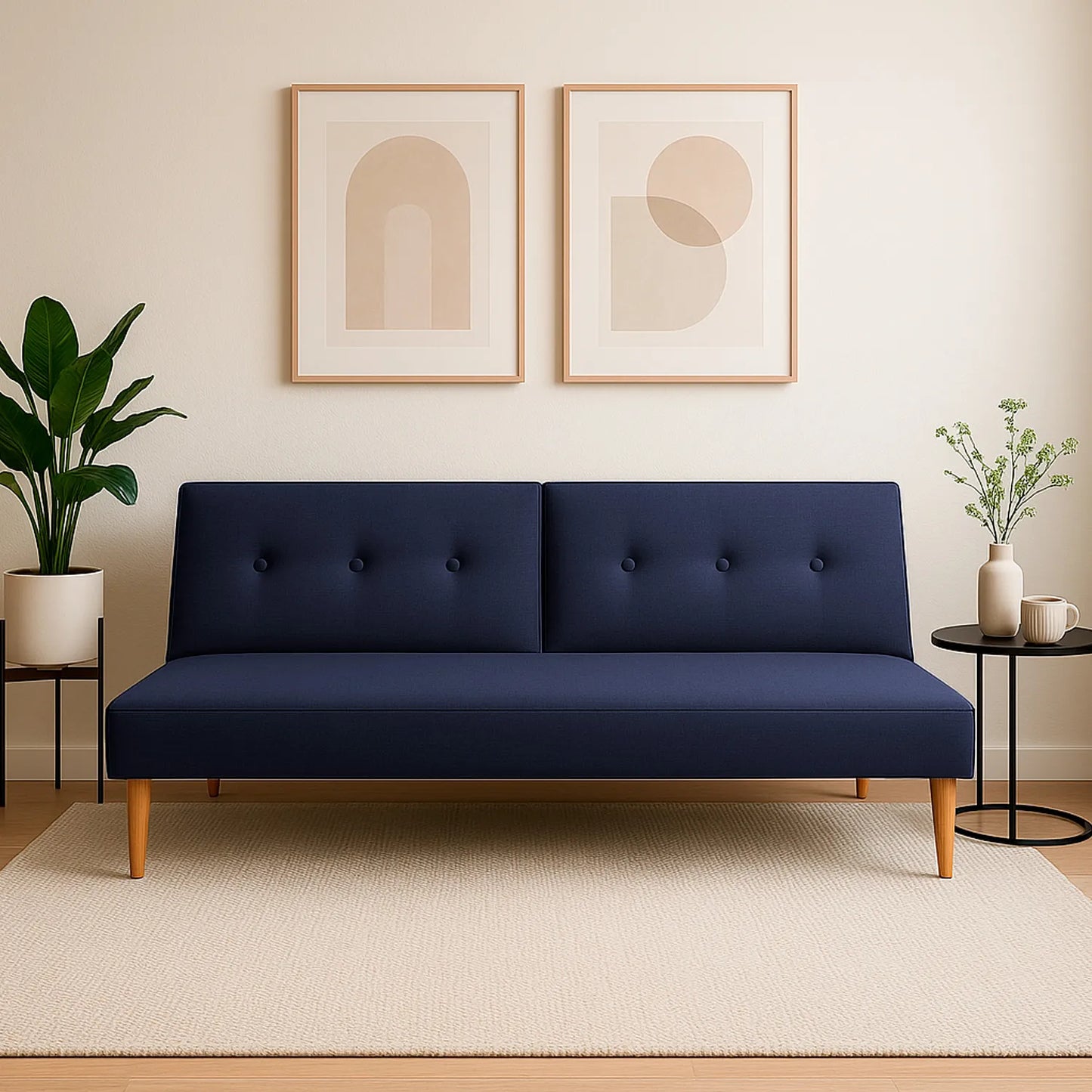 Sofá cama Trevor tipo clic clac tapizado en color azul, con patas en madera en tono natural, ubicado en sala moderna minimalista, ambientado con mesa auxiliar, Ideal para hogares colombianos que buscan confort y estilo moderno - All Star muebles