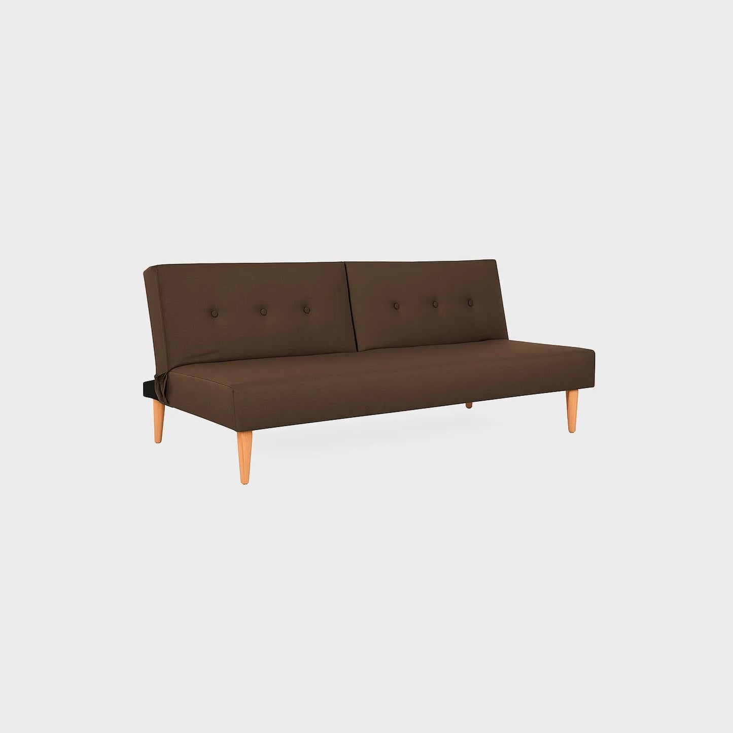 Sofá cama Trevor tipo clic clac visto en perspectiva, tapizado color café, con patas en madera torneada tono natural, fotografía sobre fondo blanco, ideal para visualizar la combinación de estilos y colores - All Star muebles
