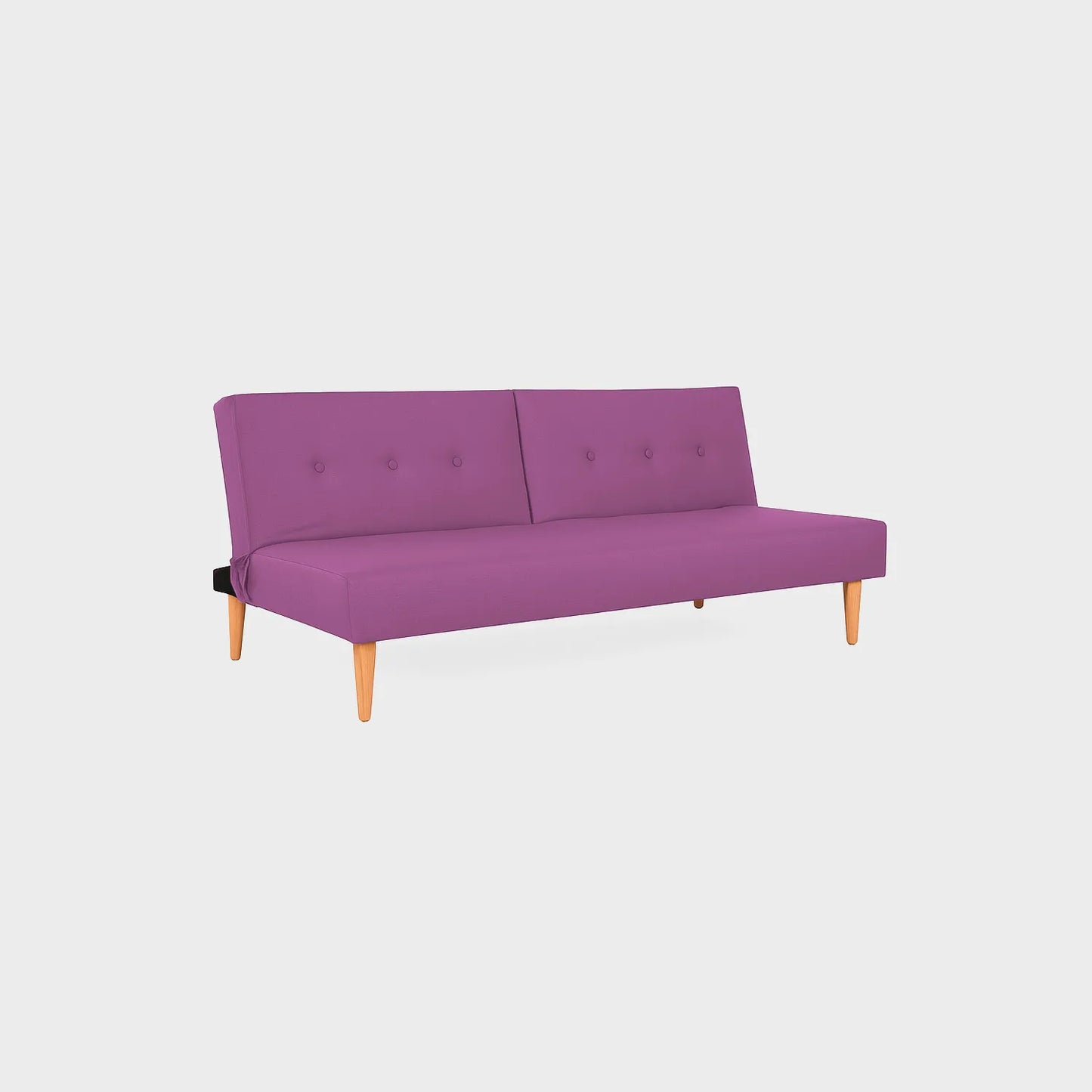 Sofá cama Trevor tipo clic clac visto en perspectiva, tapizado color fucsia, con patas en madera torneada tono natural, fotografía sobre fondo blanco, ideal para visualizar la combinación de estilos y colores - All Star muebles