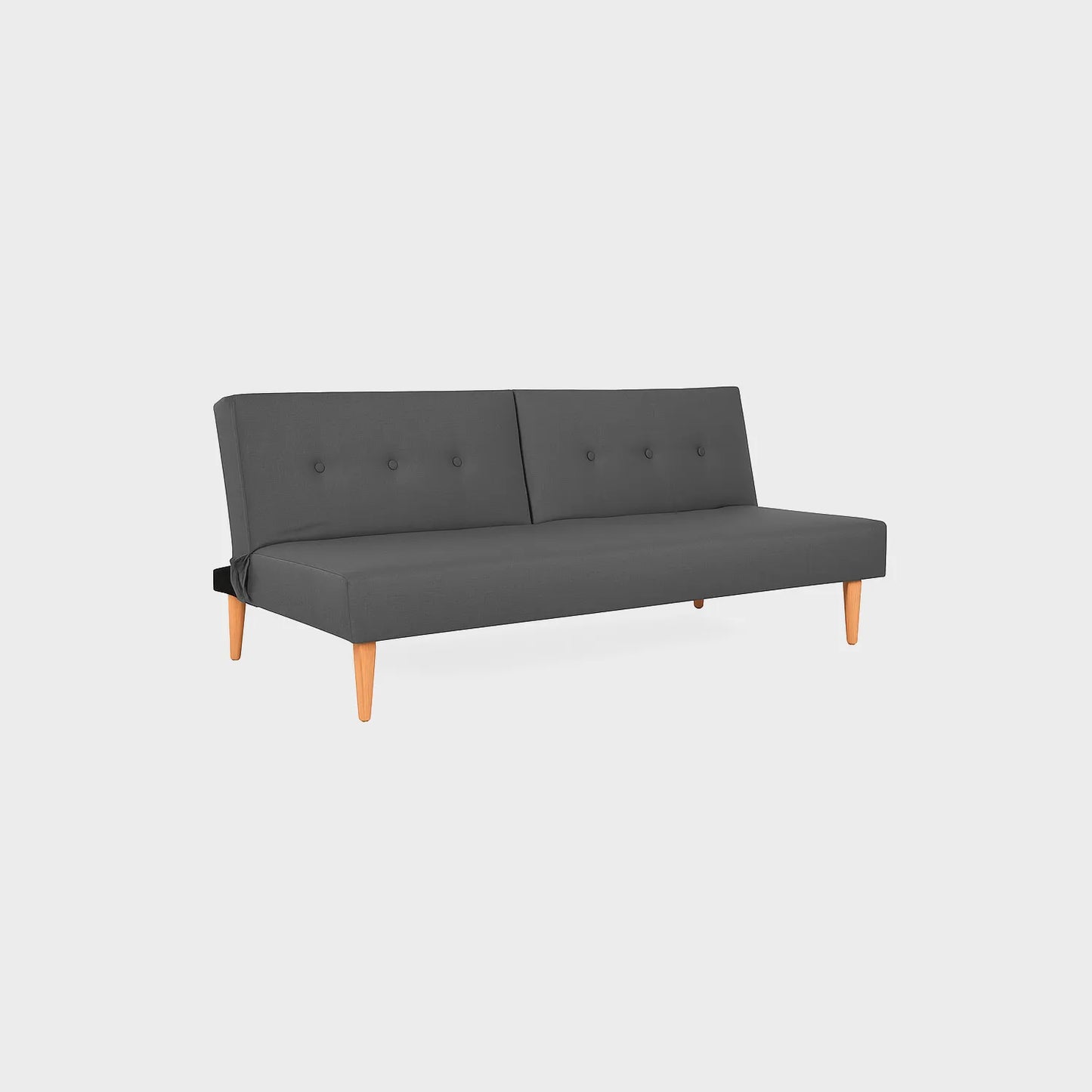 Sofá cama Trevor tipo clic clac visto en perspectiva, tapizado color gris, con patas en madera torneada tono natural, fotografía sobre fondo blanco, ideal para visualizar la combinación de estilos y colores - All Star muebles