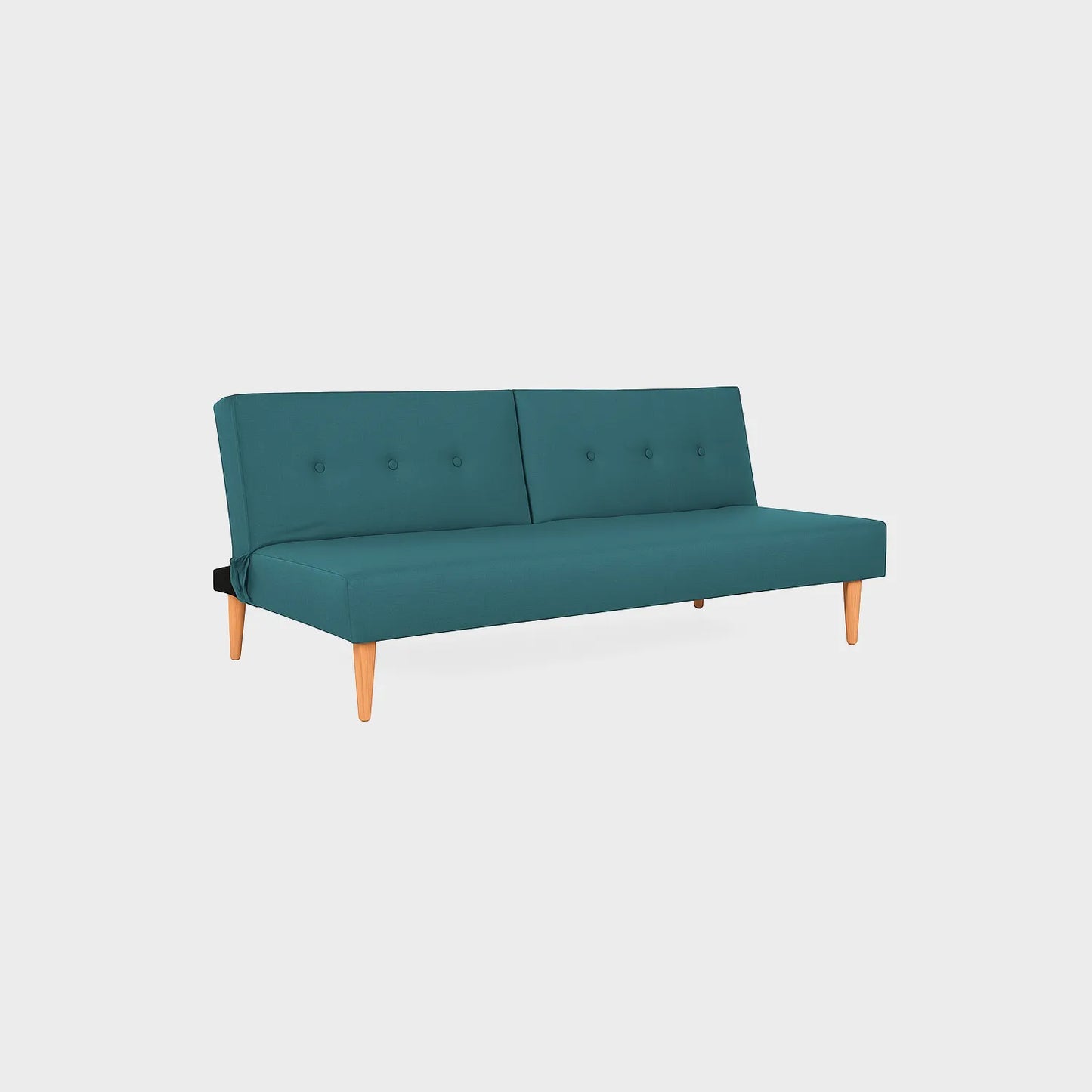 Sofá cama Trevor tipo clic clac visto en perspectiva, tapizado color turquesa, con patas en madera torneada tono natural, fotografía sobre fondo blanco, ideal para visualizar la combinación de estilos y colores - All Star muebles
