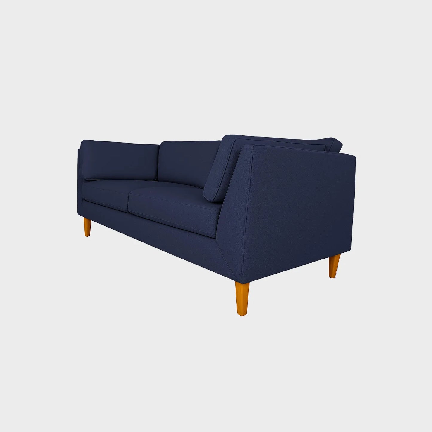 Sofá Gales dos puestos visto en perspectiva, tapizado color azul, con patas en madera torneada tono natural, fotografía sobre fondo blanco, ideal para visualizar la combinación de estilos y colores - All Star muebles
