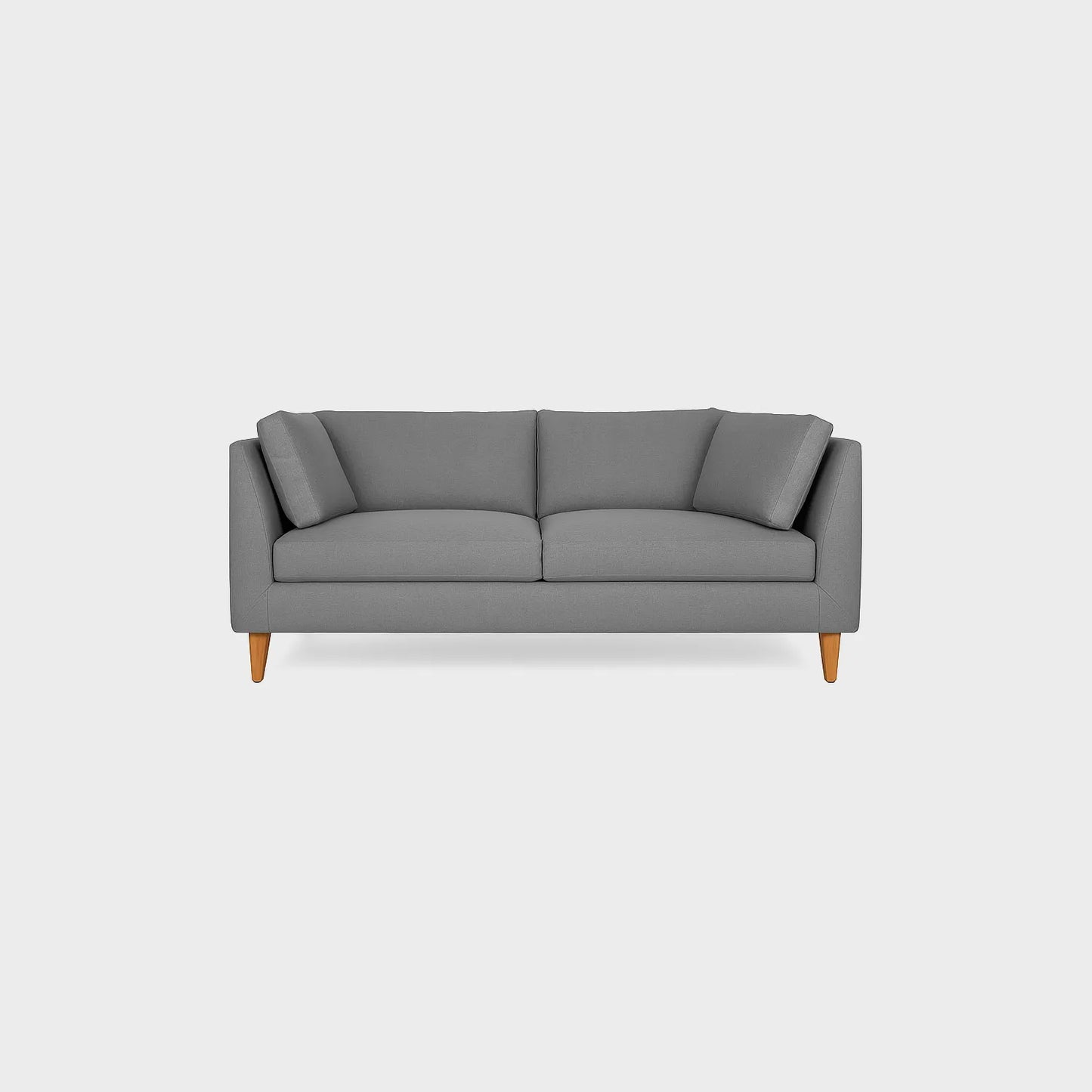 Sofá Gales dos puestos visto de frente, tapizado color gris, con patas en madera torneada tono natural, fotografía sobre fondo blanco, ideal para visualizar la combinación de estilos y colores - All Star muebles