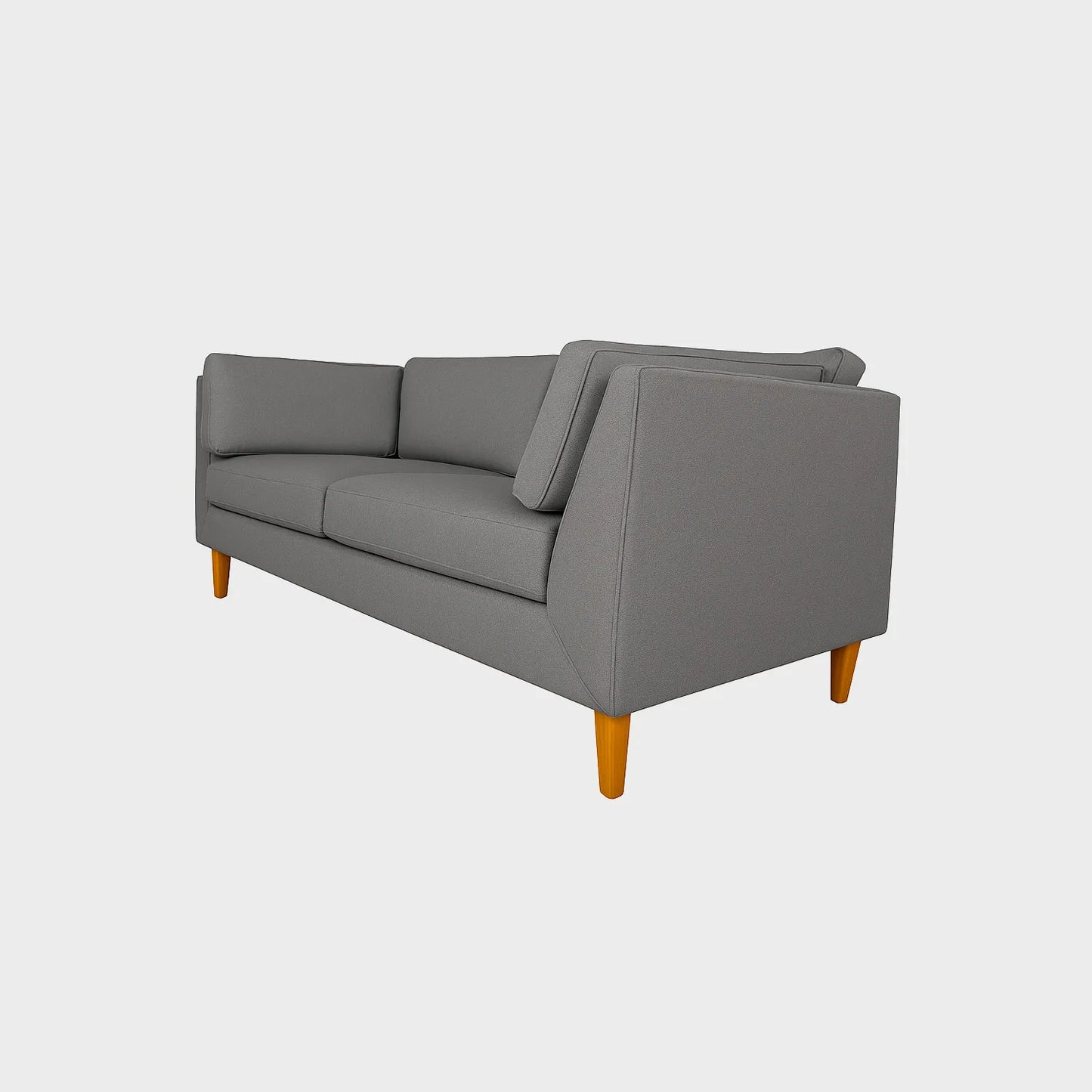 Sofá Gales dos puestos visto en perspectiva, tapizado color gris, con patas en madera torneada tono natural, fotografía sobre fondo blanco, ideal para visualizar la combinación de estilos y colores - All Star muebles