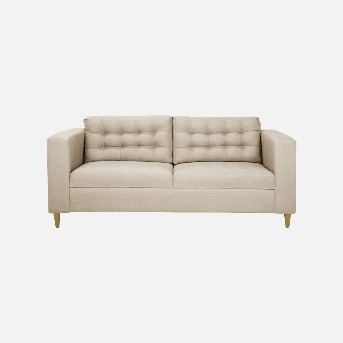 Sofá Honey visto en vista frontal en tela beige con patas de madera clara y tapizado con capitoné, ideal para salas y habitaciones - All Star Muebles