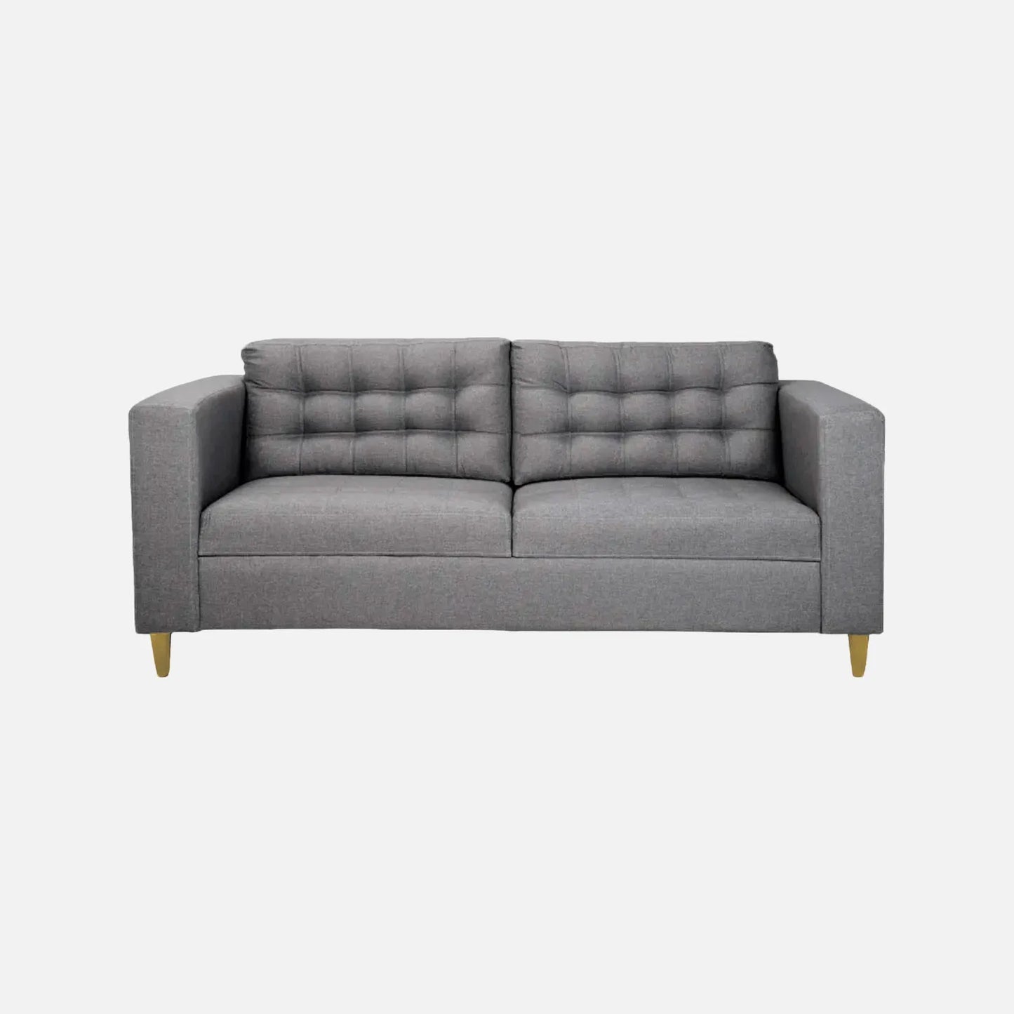 Sofá Honey visto en vista frontal en tela gris con patas de madera clara y tapizado con capitoné, ideal para salas y habitaciones - All Star Muebles