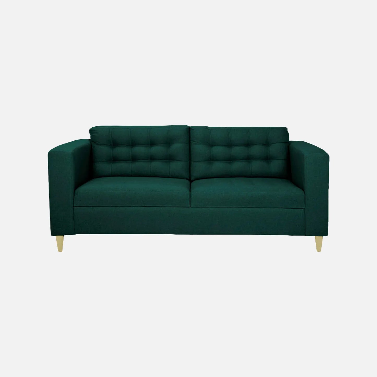 Sofá Honey visto en vista frontal en tela color verde con patas de madera clara y tapizado con capitoné, ideal para salas y habitaciones - All Star Muebles