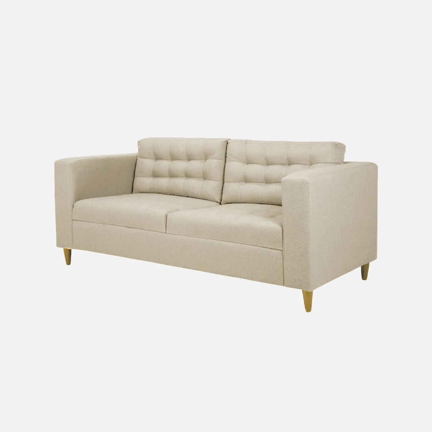 Sofá Honey visto en vista perspectiva en tela beige con patas de madera clara y tapizado con capitoné, ideal para salas y habitaciones - All Star Muebles