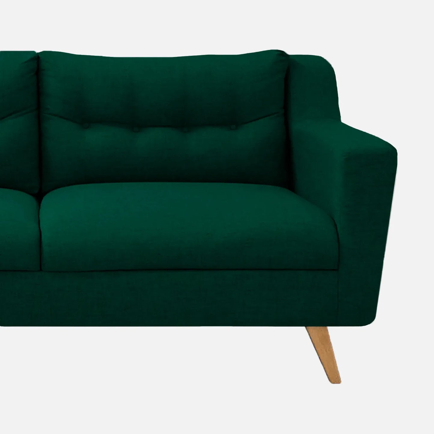 Sofá Loto visto en detalle, tapizado en tela verde y patas en madera tono natural, ideal para casas y apartamentos - All Star Muebles Colombia