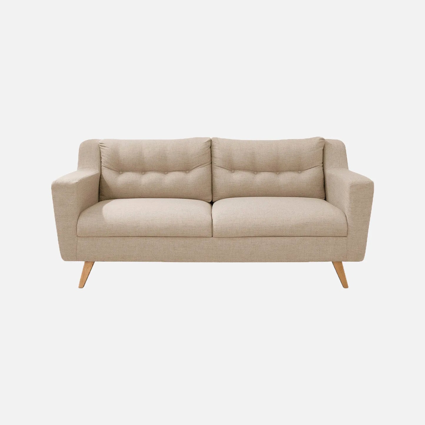 Sofá Loto visto de frente, tapizado en tela beige y patas en madera tono natural, ideal para casas y apartamentos - All Star Muebles Colombia