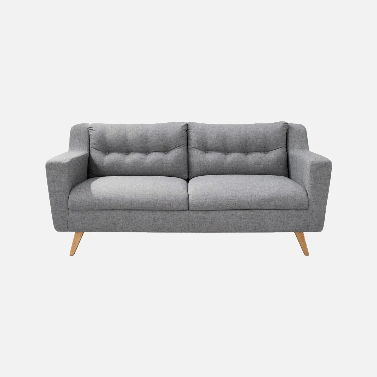 Sofá Loto visto de frente, tapizado en tela gris y patas en madera tono natural, ideal para casas y apartamentos - All Star Muebles Colombia