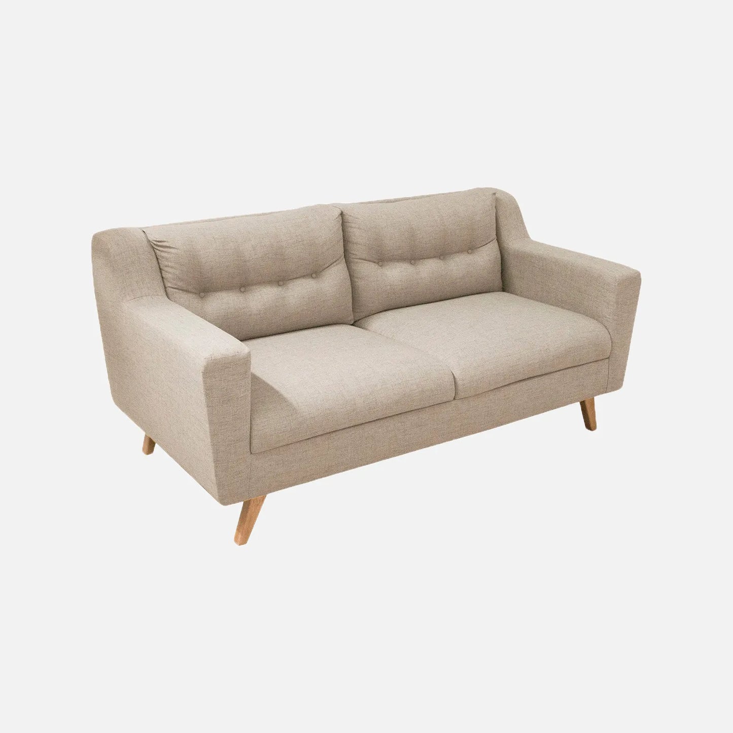 Sofá Loto visto en perspectiva, tapizado en tela beige y patas en madera tono natural, ideal para casas y apartamentos - All Star Muebles Colombia