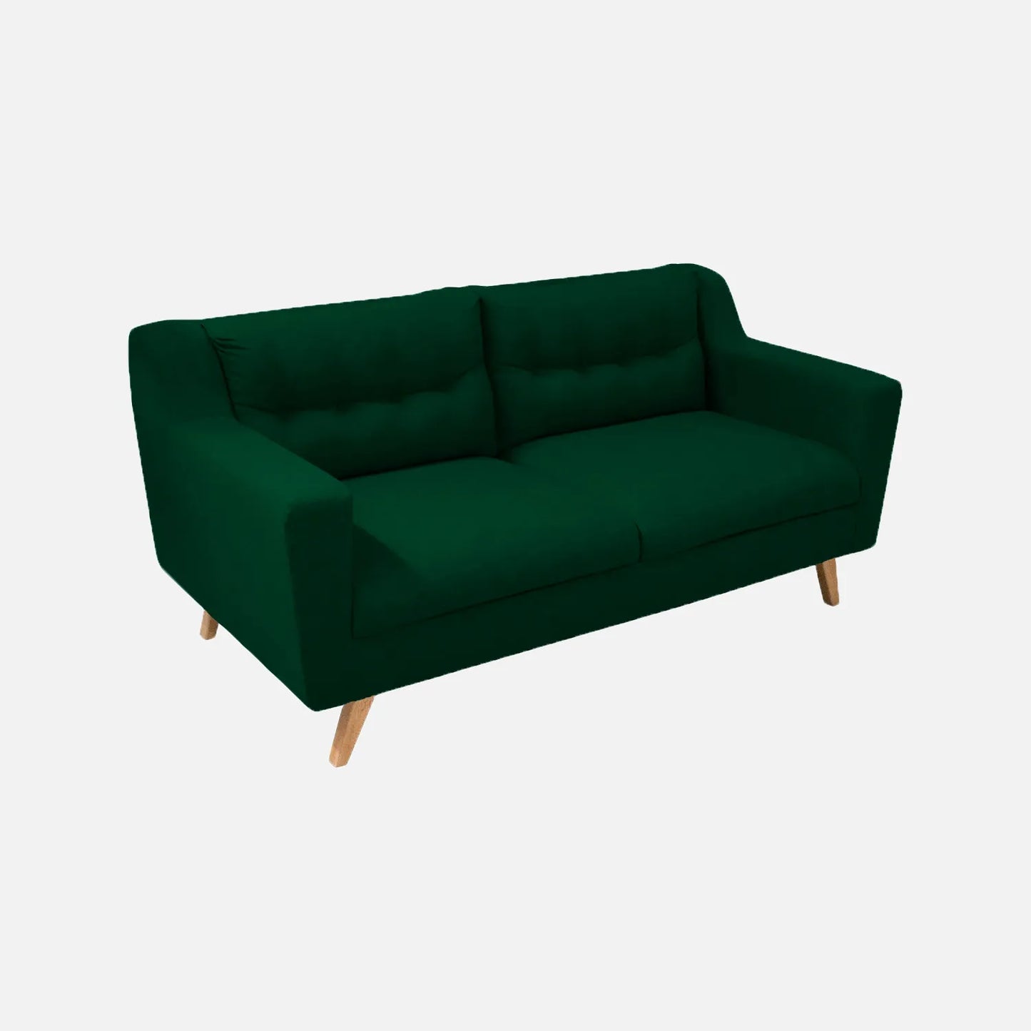 Sofá Loto visto en perspectiva en tela verde con patas de madera clara y tapizado con capitoné, ideal para salas y habitaciones - All Star Muebles