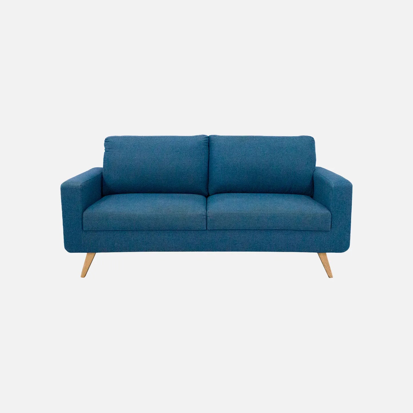 Sofá Río en tela color azul, diseño moderno con patas en madera clara – ideal para salas pequeñas o espacios contemporáneos - All Star muebles Colombia