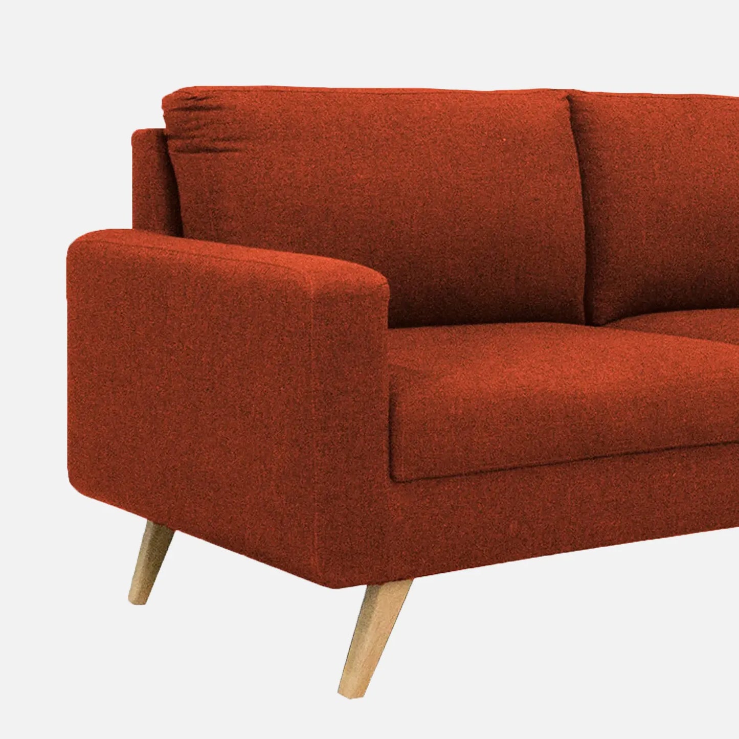 Sofá Río en tela color terracota, diseño moderno con patas en madera clara – ideal para salas pequeñas o espacios contemporáneos - All Star muebles Colombia